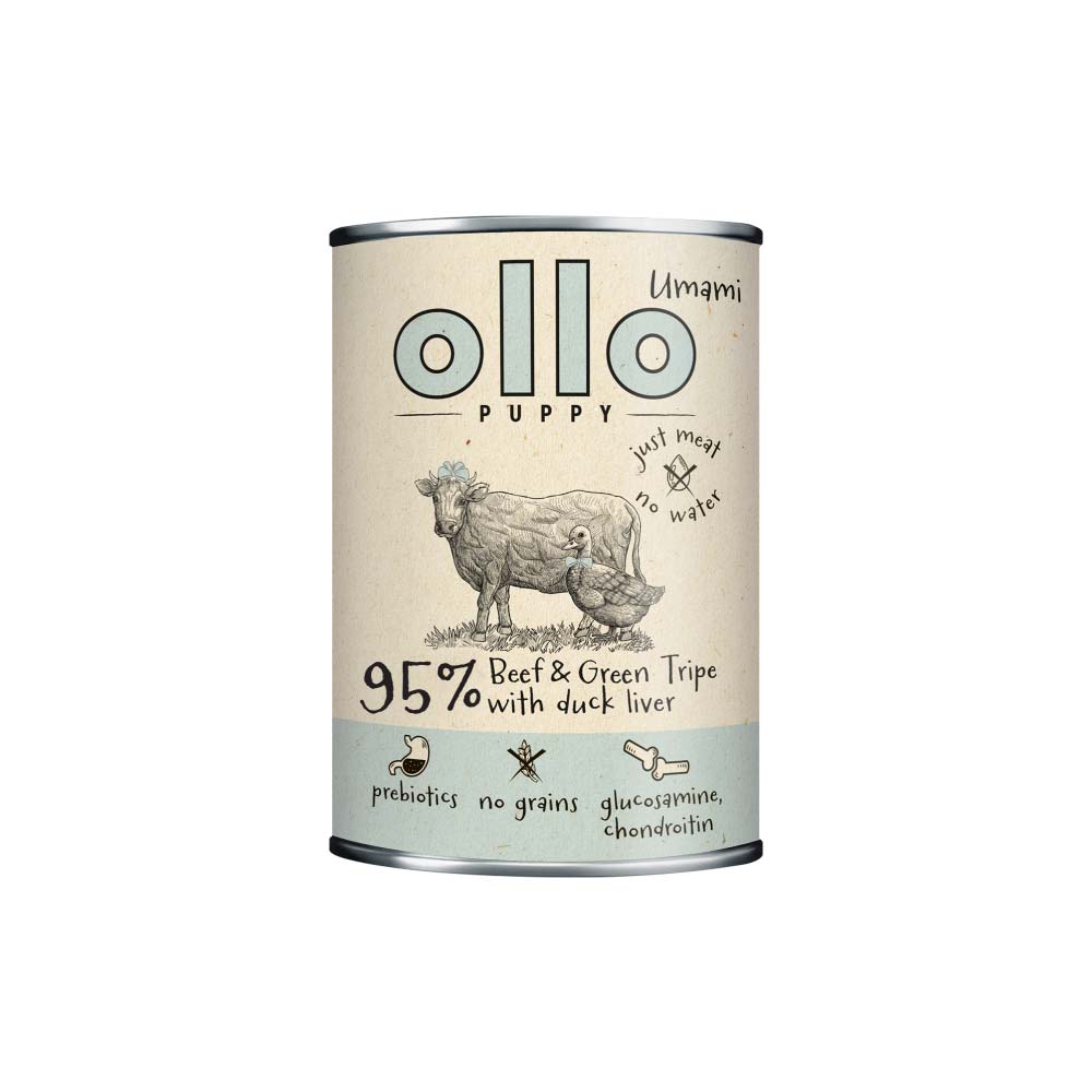 OLLO Umami karma mokra dla szczeniąt  - Wołowina i Zielone Żwacze z Kaczą Wątróbką 850g